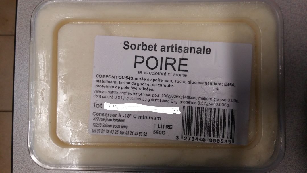 Sorbet poire Ski : photo du produit rappelé le 20/01/2022