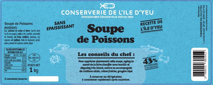 Soupe de poissons et crustacés Conserverie de l'Ile d'Yeu : photo du produit rappelé le 08/10/2021