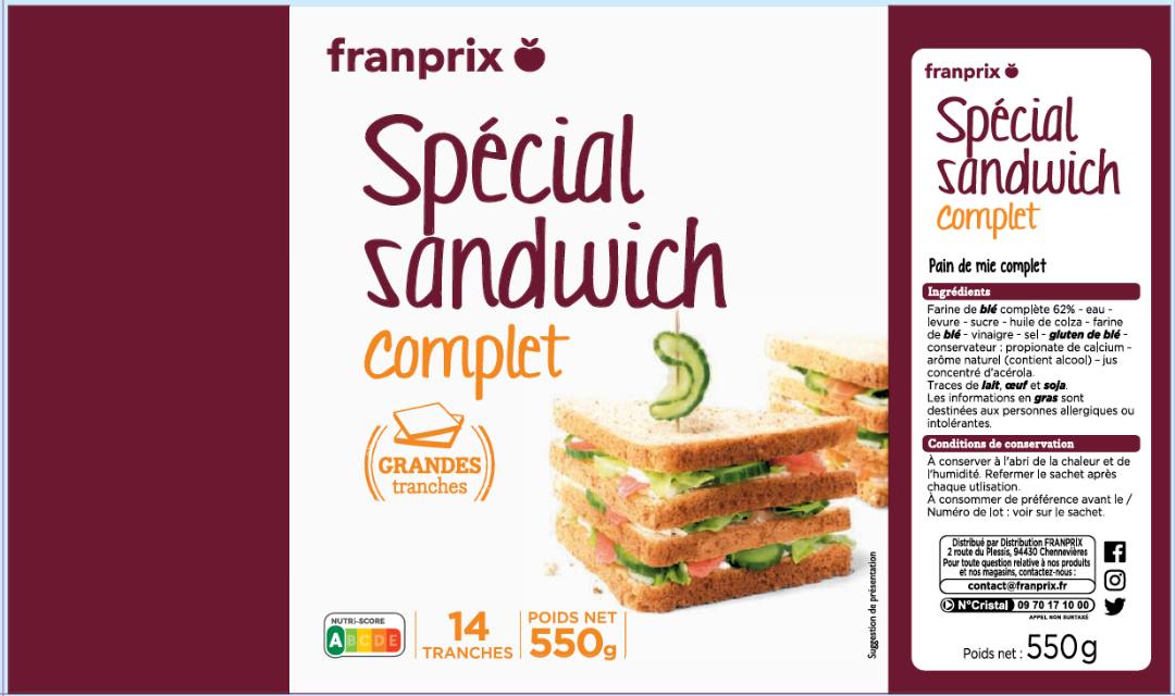 Spécial sandwich complet 550g Franprix : photo du produit rappelé le 17/02/2022
