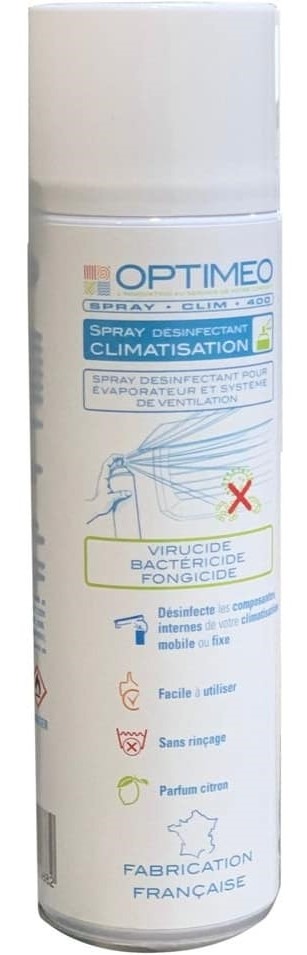 Spray desinfectant climatisation Optimeo : photo du produit rappelé le 28/07/2021