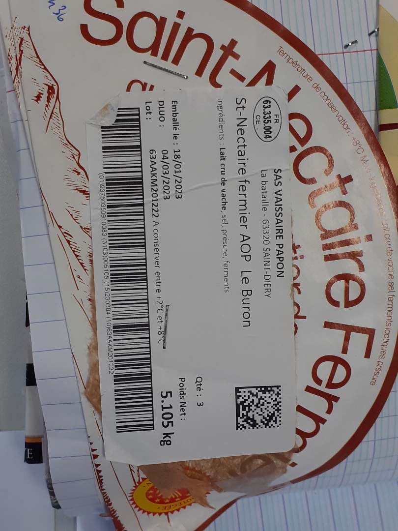 St nectaire fermier AOP le buron : photo du produit rappelé le 14/03/2023