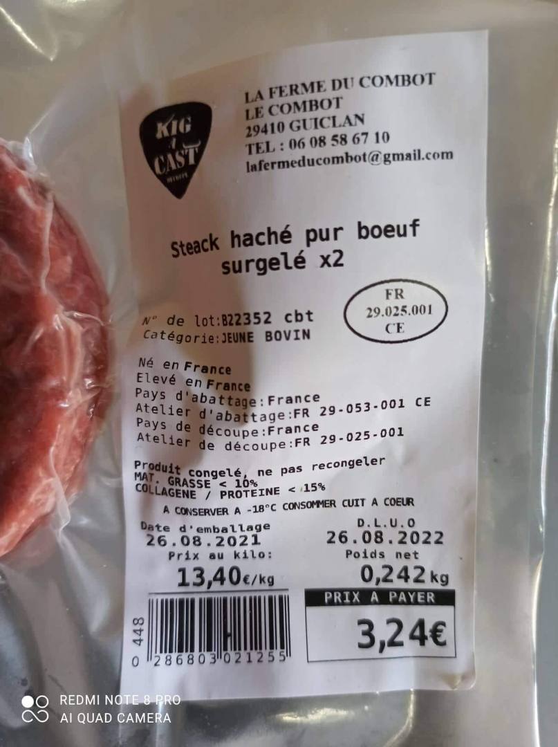 Steack haché pur boeuf surgelé : photo du produit rappelé le 09/09/2021