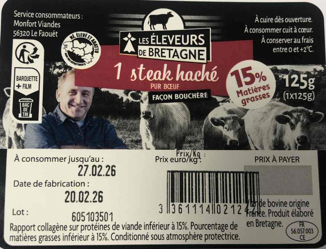 Steak haché 15% nebh Eleveurs de Bretagne : photo du produit rappelé le 26/02/2026