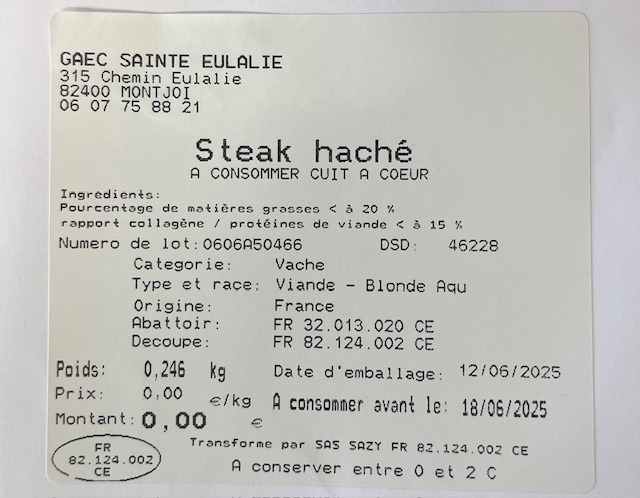 Steak hache, a consommer cuit a coeur, conditionne par deux : photo du produit rappelé le 18/06/2025