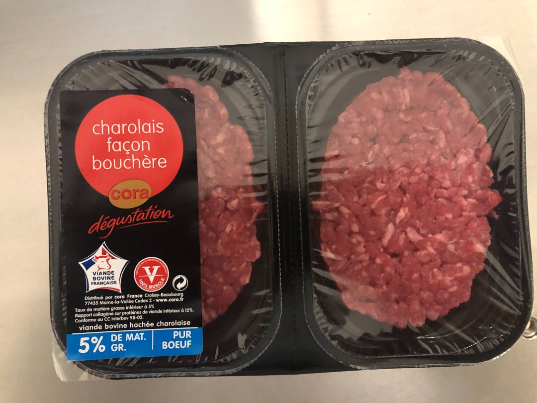 Steak hâché charolais façon bouchère 5% de mat. Gr. Pur Cora Dégustation : photo du produit rappelé le 05/07/2021