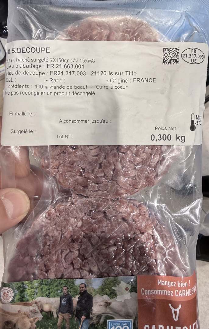 Steak haché de boeuf cru surgelé MS Decoupe et la Ferme de sous la Velle : photo 4 sur 4 du produit rappelé le 04/09/2026