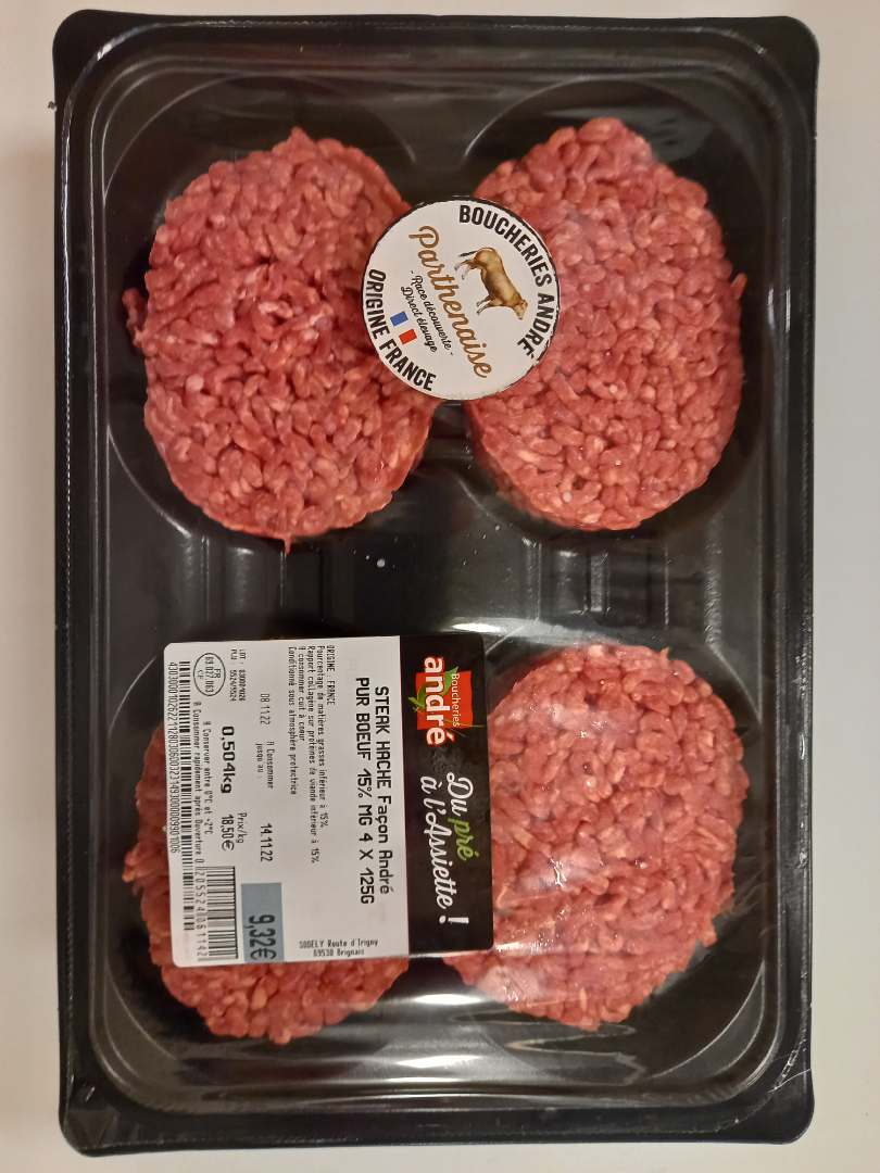 Steak haché de bœuf race parthenaise 5% et 15% Boucheries Andre : photo du produit rappelé le 22/11/2022