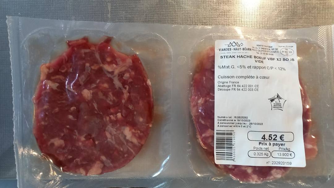 Steak hache et hache de boeuf sous vide Les Viandes du Haut Béarn : photo 2 sur 3 du produit rappelé le 20/10/2023