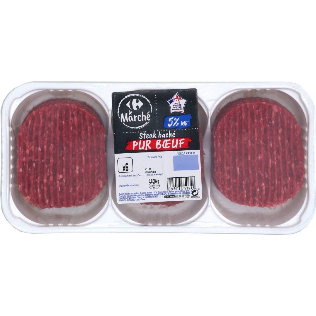 Steak hache et viande hachee pur boeuf 5% mg Carrefour le Marché : photo du produit rappelé le 28/06/2024