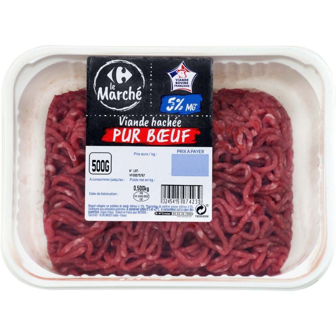 Steak hache et viande hachee pur boeuf 5% mg Carrefour le Marché : photo 2 sur 3 du produit rappelé le 28/06/2024