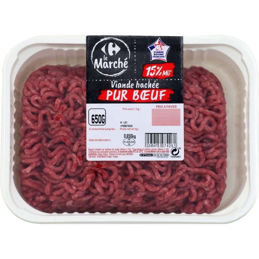 Steak hache et viande hachee pur boeuf Carrefour le Marché : photo du produit rappelé le 18/07/2024