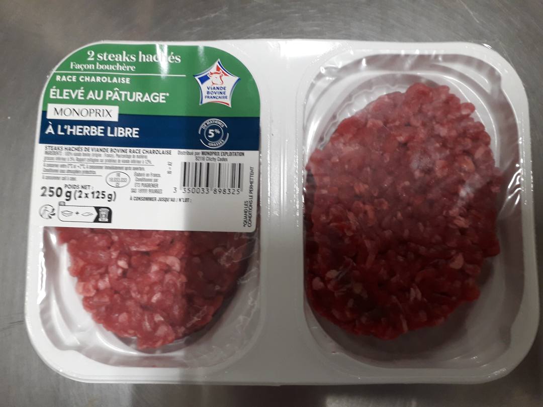 Steak hache ou viande hachee facon bouchere 5% de matiere grasse Monoprix : photo du produit rappelé le 12/08/2022