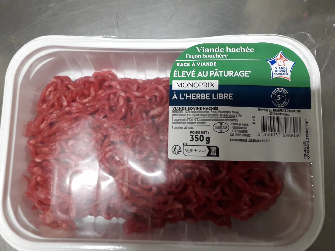 Steak hache ou viande hachee facon bouchere 5% de matiere grasse Monoprix : photo 3 sur 3 du produit rappelé le 12/08/2022