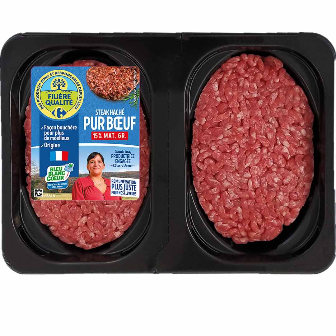 Steak hache pur boeuf x2 15% mg Carrefour Filière Qualité Carrefour : photo du produit rappelé le 12/12/2024