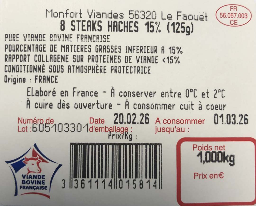 Steak haché rond 15% 8x125g Monfort Viandes : photo du produit rappelé le 24/02/2026