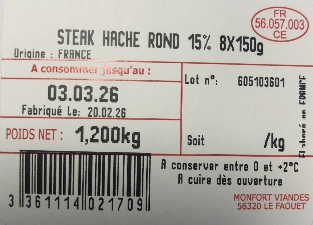 Steak haché rond 15% valtero Bretagne Monfort Viandes : photo du produit rappelé le 24/02/2026
