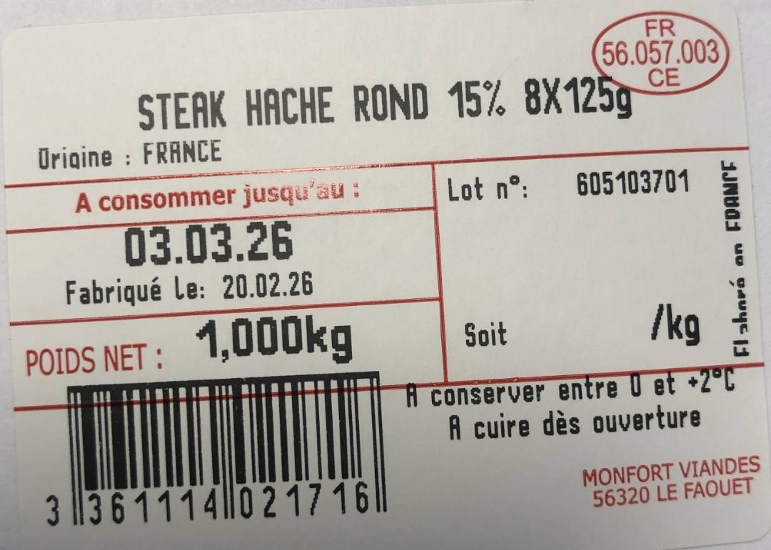 Steak haché rond 15% valtero Bretagne Monfort Viandes : photo 2 sur 2 du produit rappelé le 24/02/2026