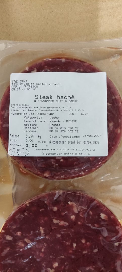 Steak haché Sas Sazy : photo du produit rappelé le 05/09/2025