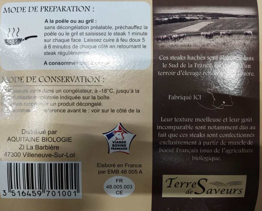 Steak haché Terre de Saveurs : photo 2 sur 2 du produit rappelé le 21/07/2023
