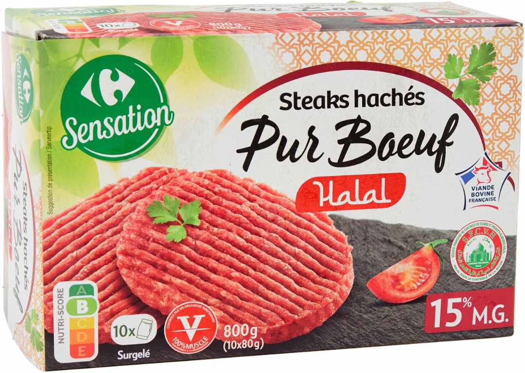 Steaks hachés surgelés pur boeuf 15% mg halal Carrefour Sensation Halal : photo du produit rappelé le 28/11/2025