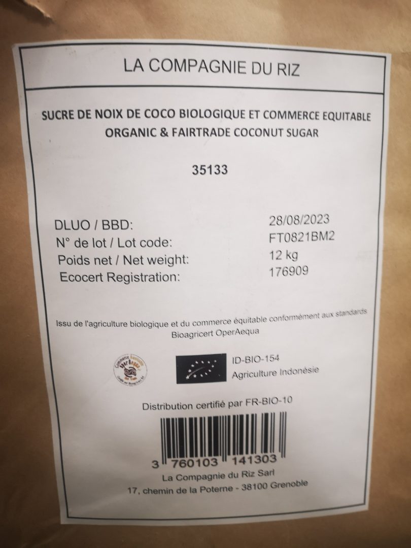 Sucre en poudre complet issu de fleurs de coco bio Autour du Riz : photo 2 sur 3 du produit rappelé le 02/02/2023