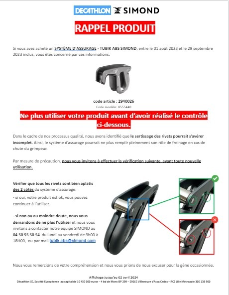 Système d'assurage tubik ABS Simond : photo 2 sur 2 du produit rappelé le 03/10/2023