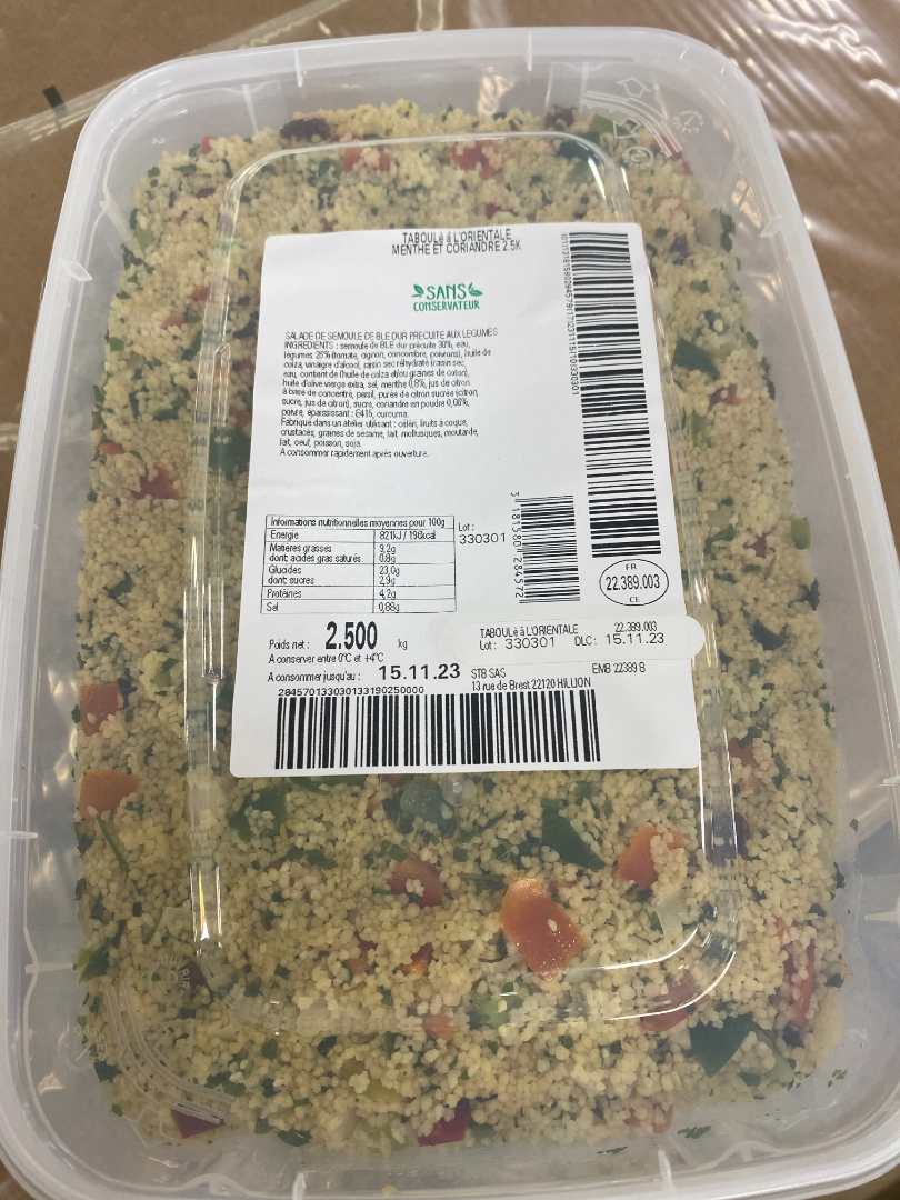 Taboulé à l'orientale : photo du produit rappelé le 03/11/2023