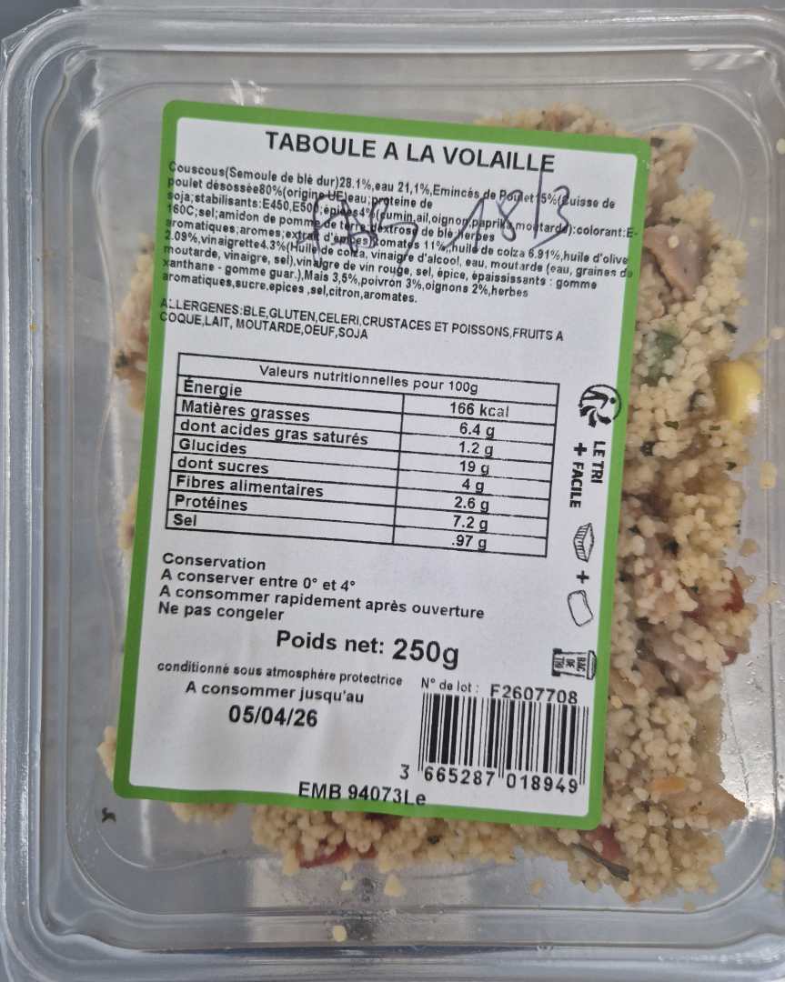 Taboule a la volaille Emb 94073 : photo du produit rappelé le 23/03/2026
