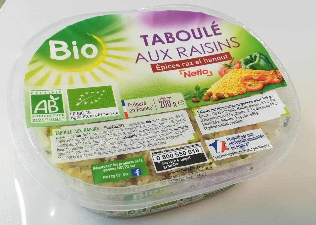Taboule aux raisins bio Netto : photo du produit rappelé le 11/06/2021