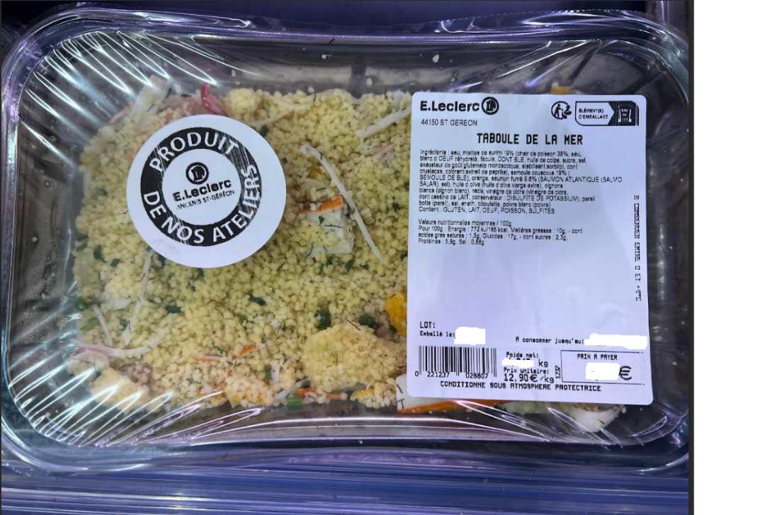 Taboule de la mer E. Leclerc Ancenis : photo du produit rappelé le 18/07/2025