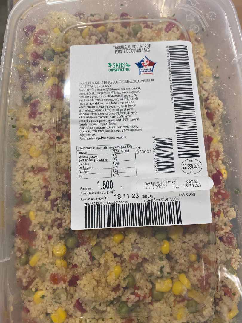 Taboulé poulet rôti : photo du produit rappelé le 03/11/2023