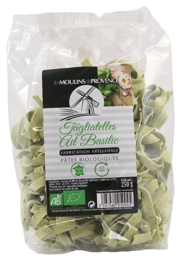 Tagliatelle ail basilic aux oeufs bio 250gr Moulin de Provence : photo du produit rappelé le 16/09/2025