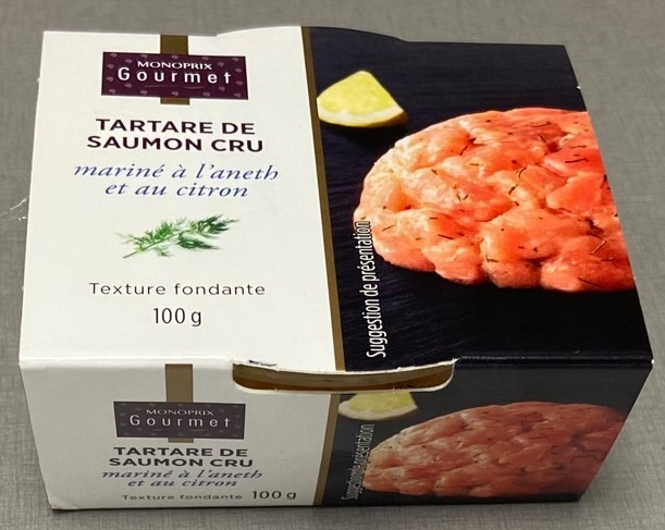 Tartare de saumon cru marine a l'aneth et au citron 100g Monoprix Gourmet : photo du produit rappelé le 26/08/2022