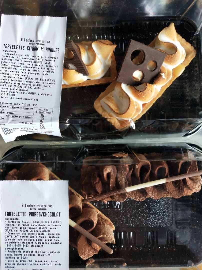 Tartelettes poire chocolat E Leclerc 33230 Coutras Rayon Pâtisserie : photo du produit rappelé le 09/06/2022
