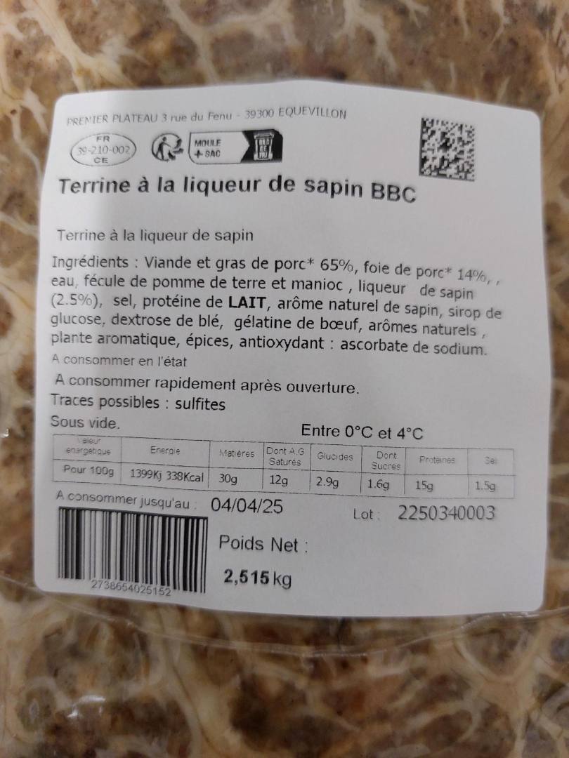 Terrine a la liqueur de sapin bbc 2.5kg Premier Plateau : photo 2 sur 2 du produit rappelé le 18/02/2025