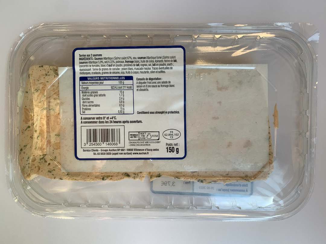 Terrine aux 2 saumons Auchan le Poissonnier : photo 2 sur 2 du produit rappelé le 28/07/2023