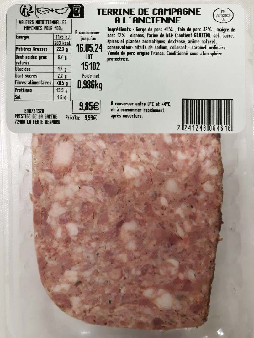 Terrine de campagne a l'ancienne Prestige de la Sarthe : photo du produit rappelé le 03/05/2024