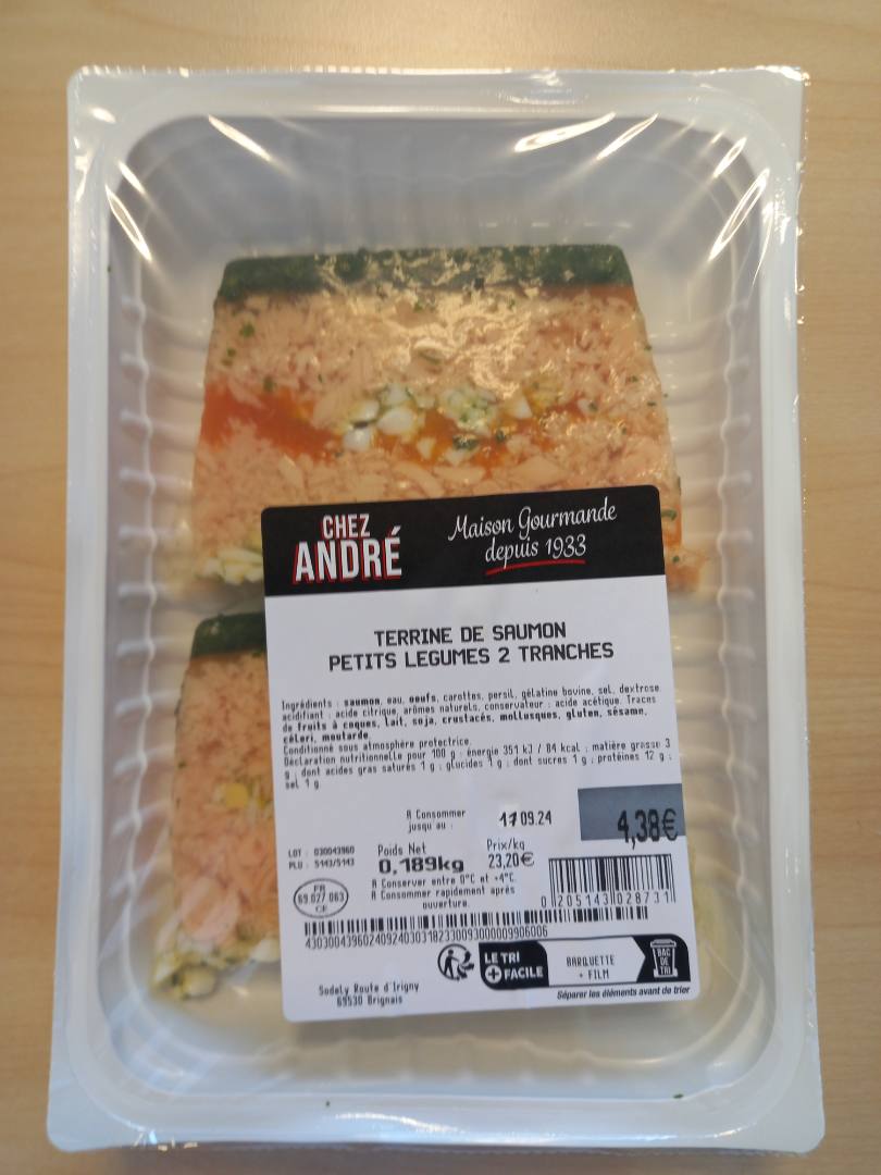 Terrine de saumon petits legumes 2 tranches Chez Andre : photo du produit rappelé le 19/09/2024