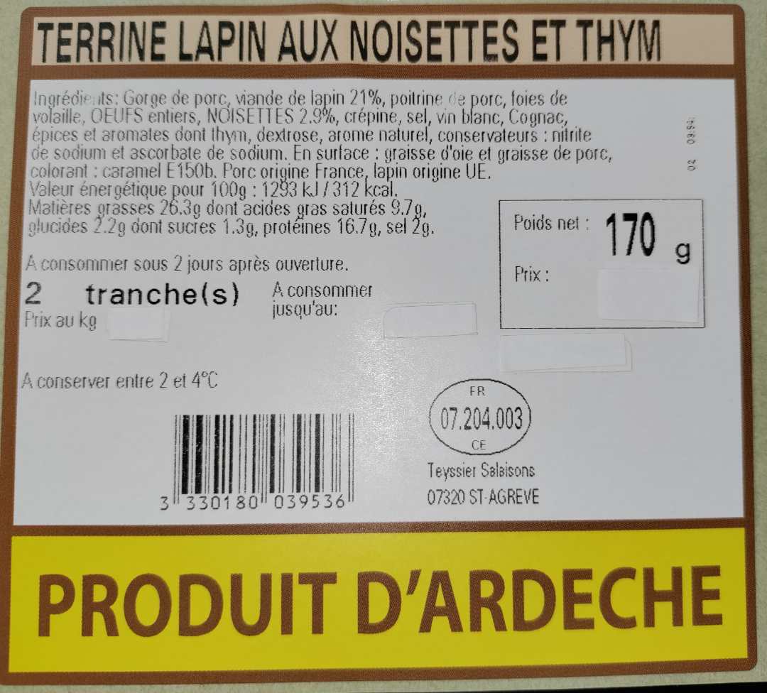 Terrine lapin aux noisettes et thym Salaisons de la Haute Ardèche : photo 2 sur 2 du produit rappelé le 13/08/2021