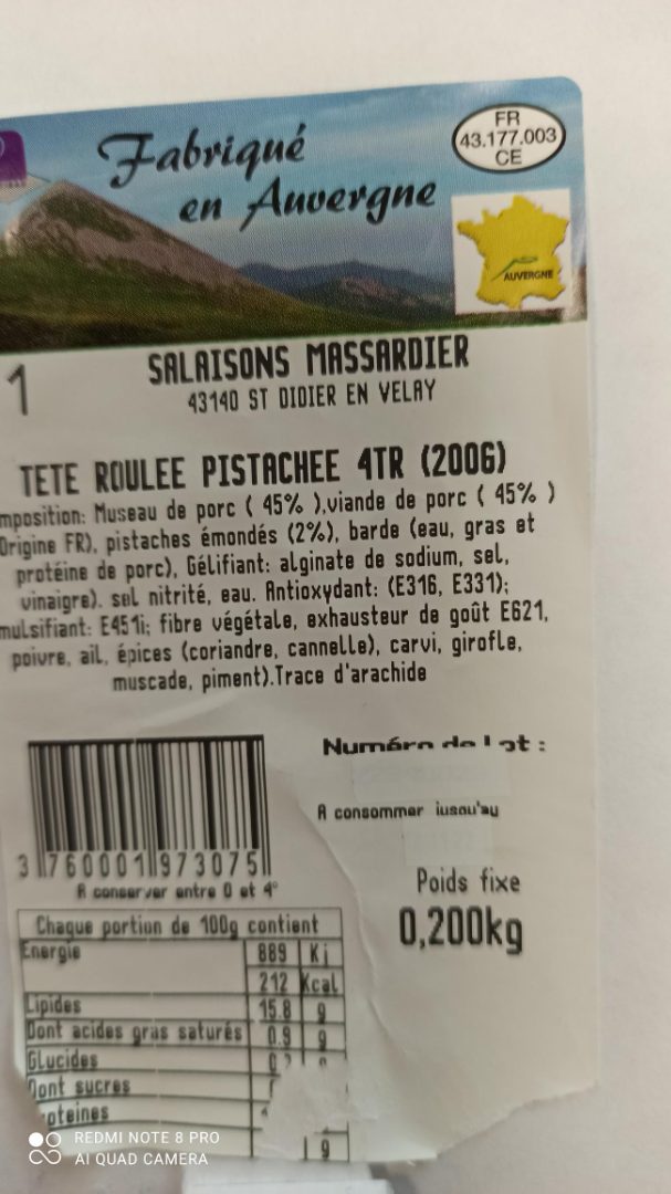 Tête roulée Salaisons Massardier : photo 3 sur 5 du produit rappelé le 14/10/2022