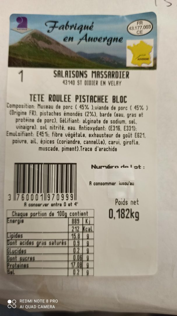 Tête roulée Salaisons Massardier : photo 5 sur 5 du produit rappelé le 14/10/2022