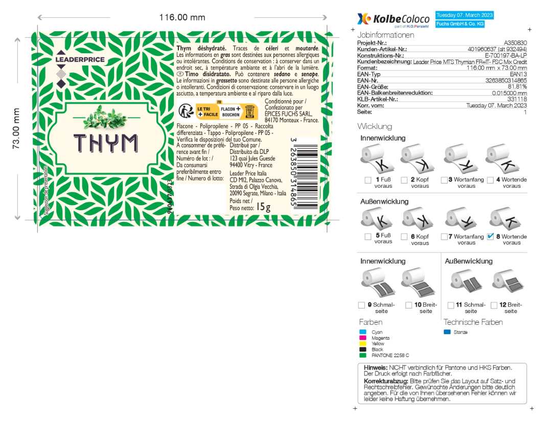 Thym 15g leader price : photo du produit rappelé le 04/11/2025
