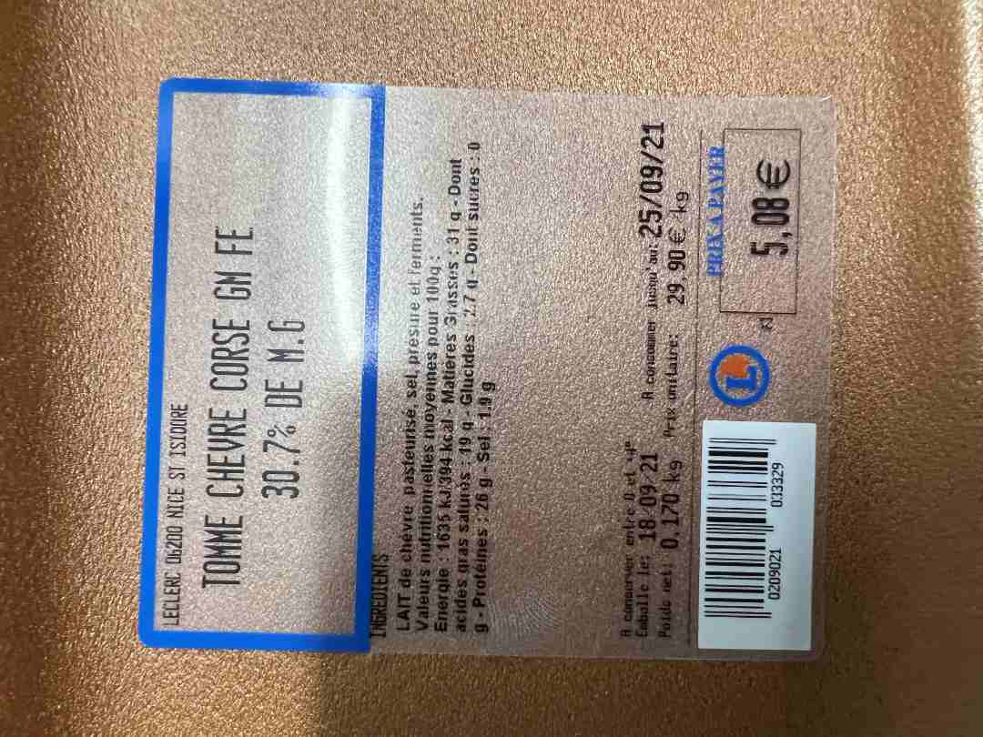Tomme de chevre Corse gm fe : photo du produit rappelé le 05/10/2021