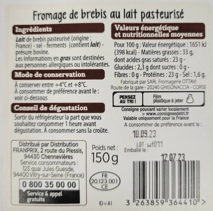 Tomme du brebis 150g Franprix : photo 2 sur 2 du produit rappelé le 13/07/2023