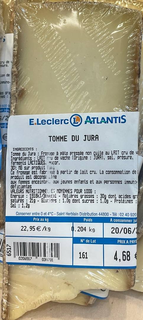 Tomme du jura E.Leclerc : photo du produit rappelé le 12/06/2026