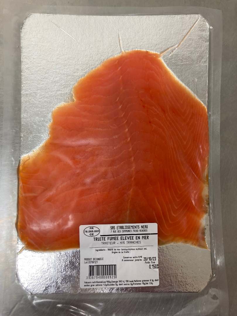 Truite élevée en mer fumée - 4/6 tranches 150g Ets Neau : photo du produit rappelé le 10/10/2023