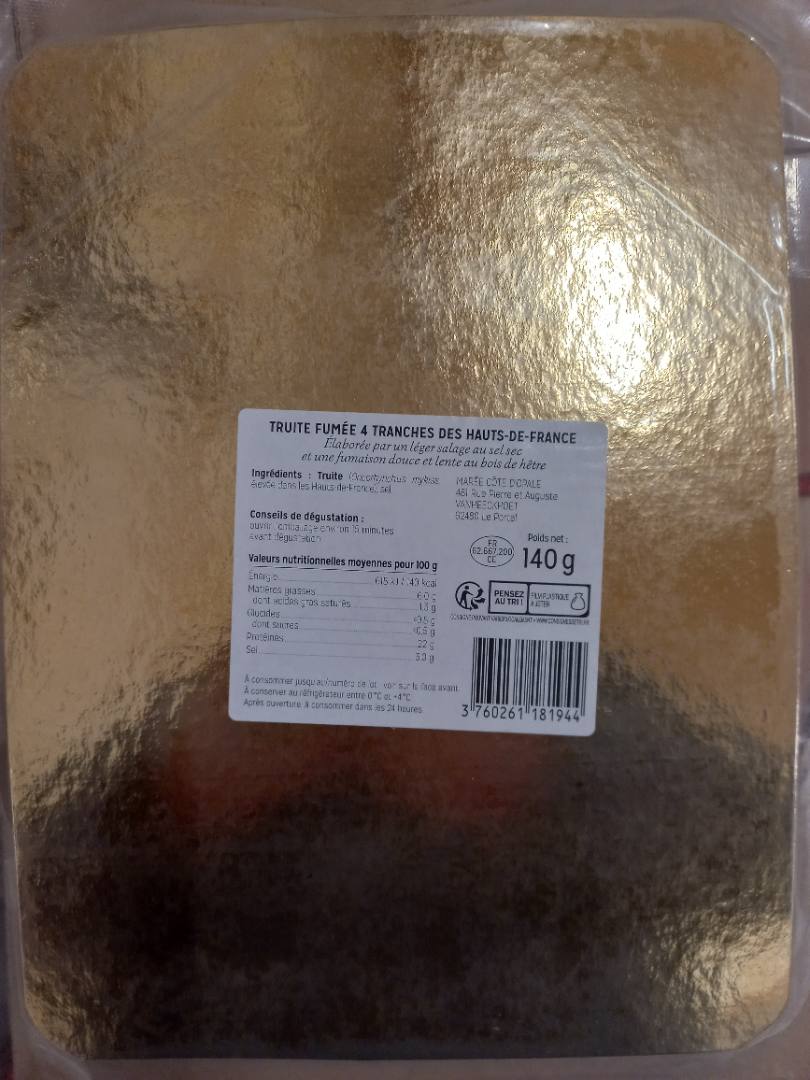Truite fumé 4 tranches hdf 140g : photo 2 sur 2 du produit rappelé le 28/03/2024