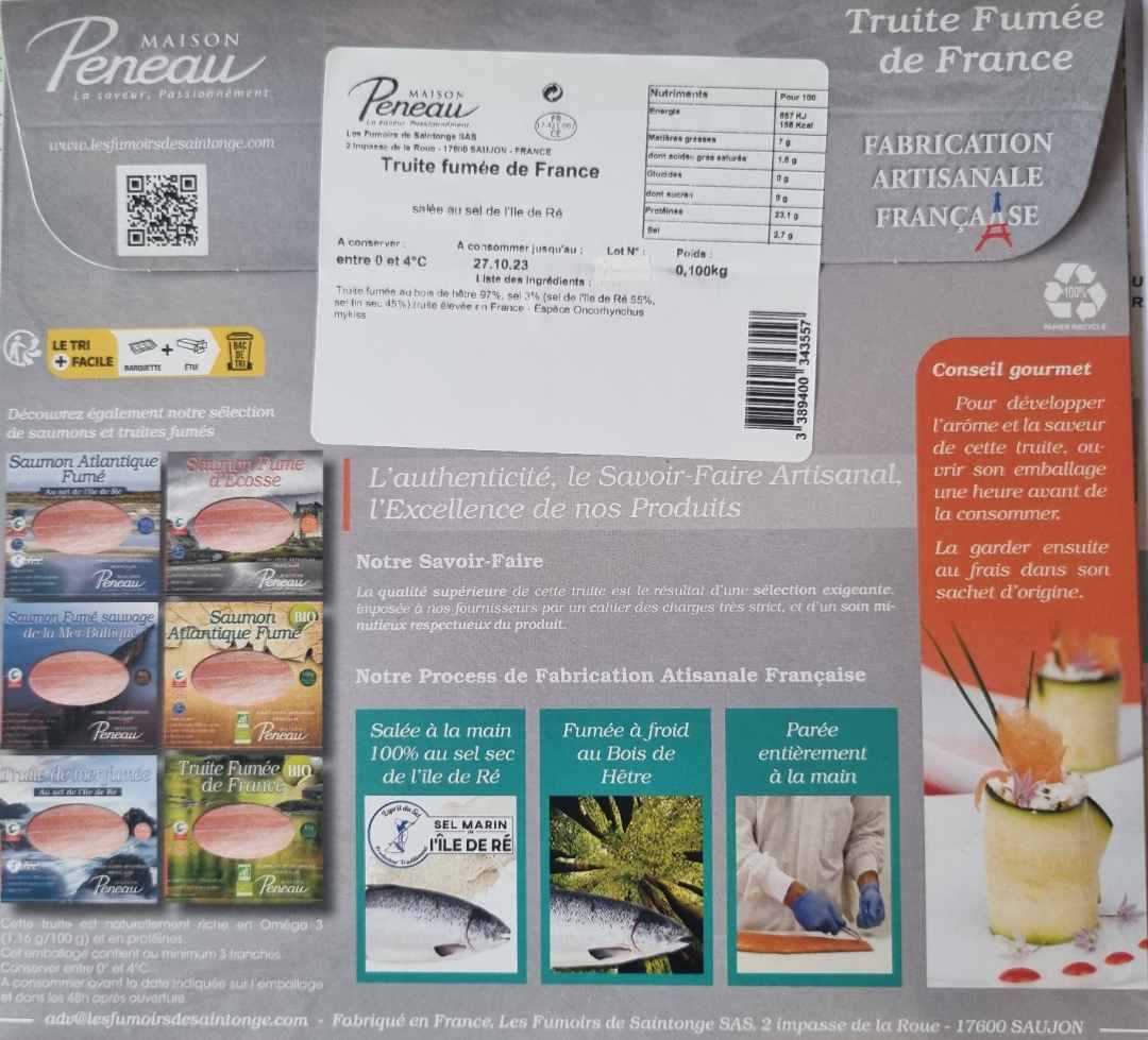 Truite fumée de France 100g Maison Peneau : photo 2 sur 2 du produit rappelé le 03/10/2023