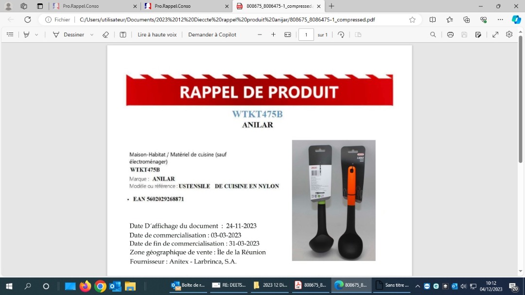 Ustensile de cuisine en nylon Anilar : photo du produit rappelé le 04/12/2023