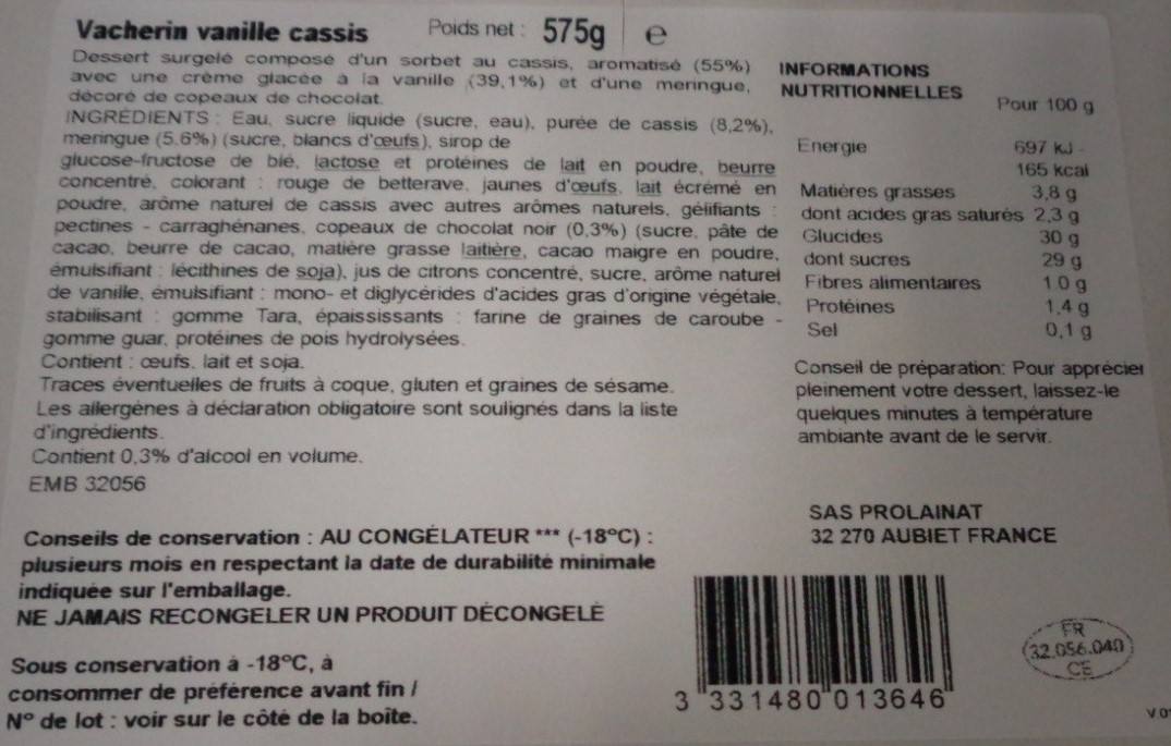 Vacherin vanille cassis Prolainat : photo du produit rappelé le 26/07/2021